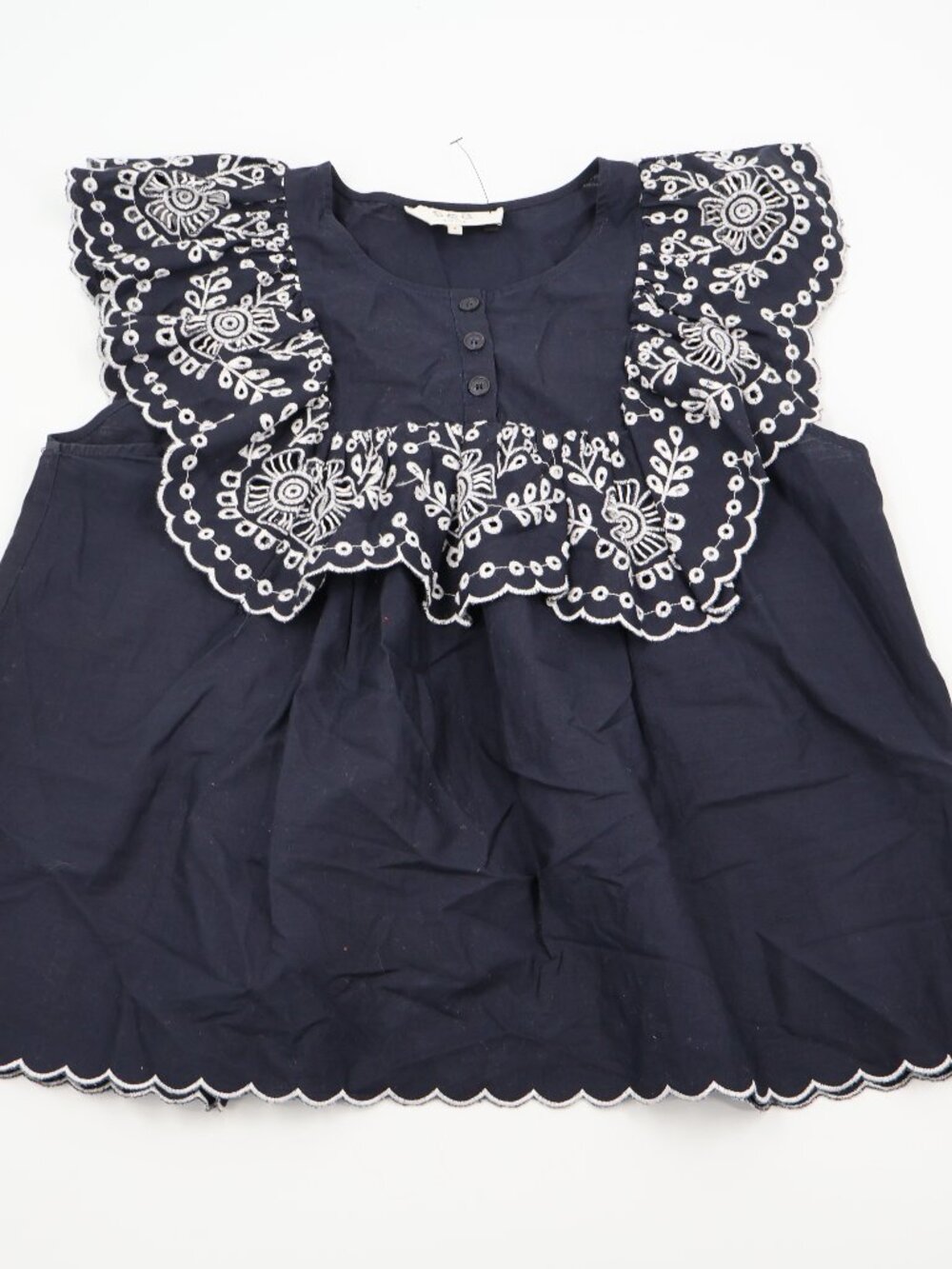 Sea New York Eyelet Ruffle Blouse Womens 8 Navy Blue Embroidered Scalloped Hem